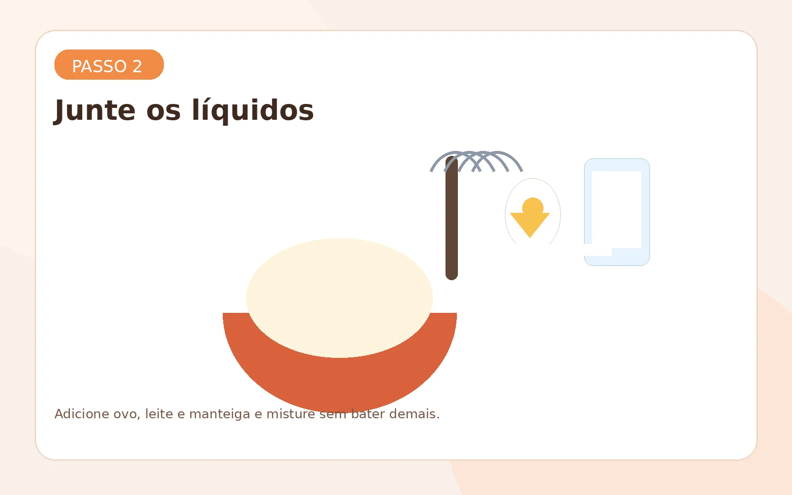 Leite, ovos e manteiga sendo incorporados à mistura.